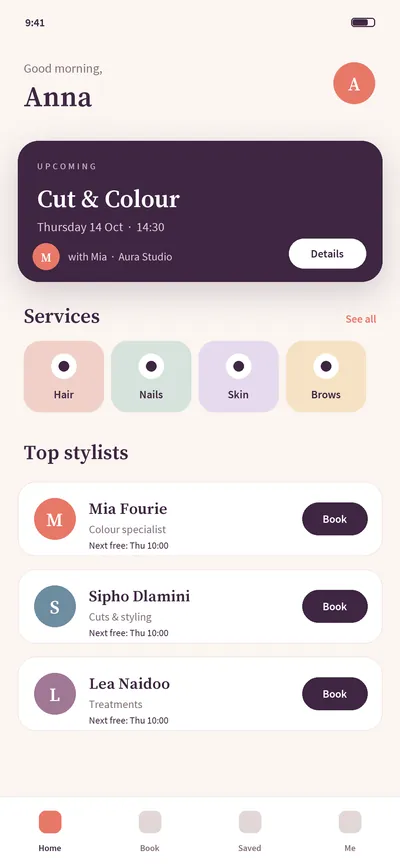 Sample concept booking app for a fictional salon called Aura Studio, showing an upcoming appointment and stylists.
