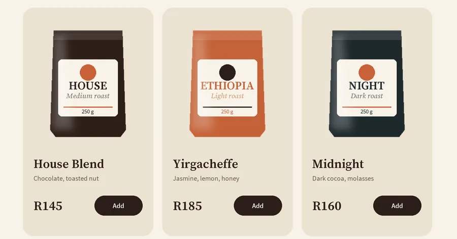 Sample concept product section of a fictional coffee roaster website, showing three coffee bags with prices.